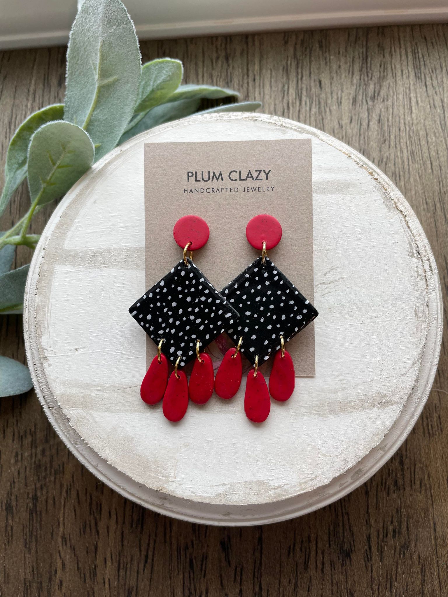 Red and Black Statement Dangle, Polymer Clay Earrings